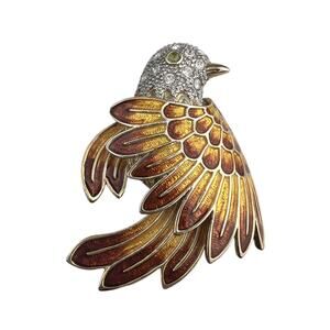 Large Eagle Brooch Gold & Brown Enamel 3" Light Green Eye